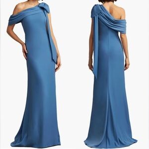 Tadashi Shoji One-Shoulder Crepe Column Blue Gown Sz 4